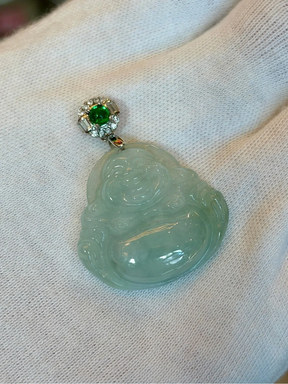 New Icy Green Natural Jadeite Laughing Buddha Pendant with Silver Bail